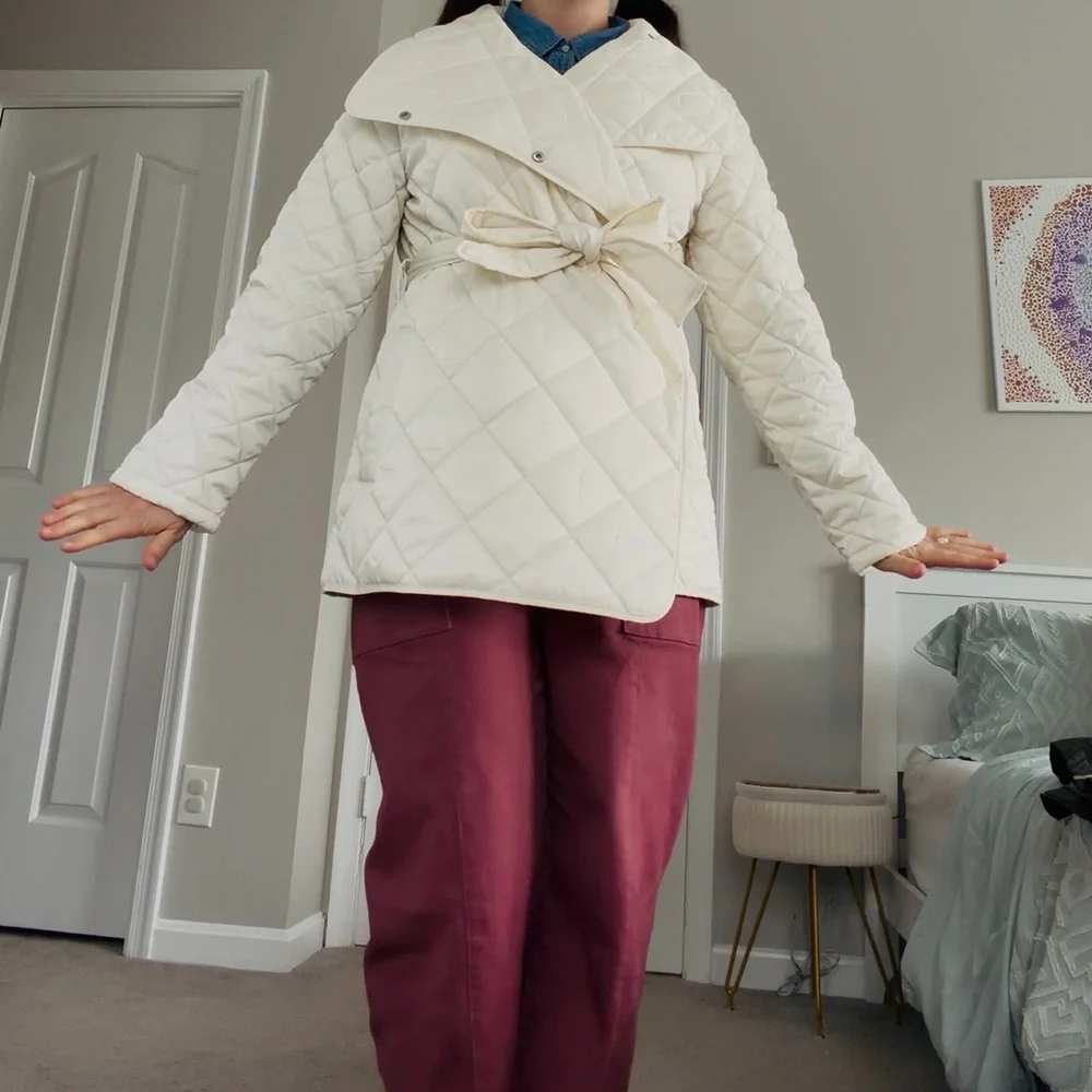 Rebecca Minkoff Cream Quilted Light Weight Puffer Jacket Tie Waist Size L NWT - Picture 5 of 9